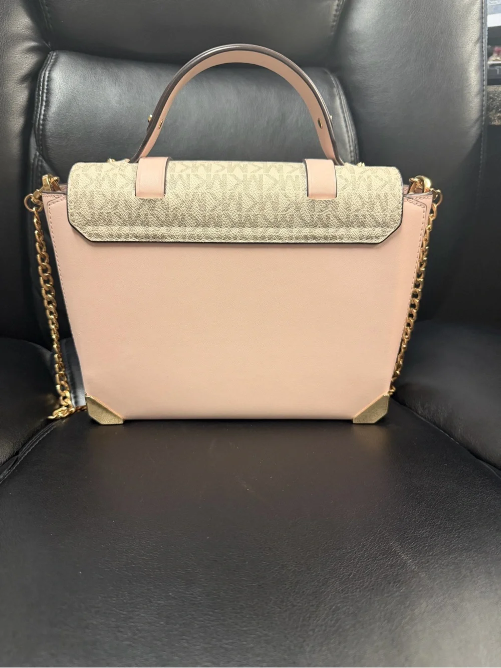 Michael Kors Pink and Logo Canvas Satchel with Gold Chain Strap